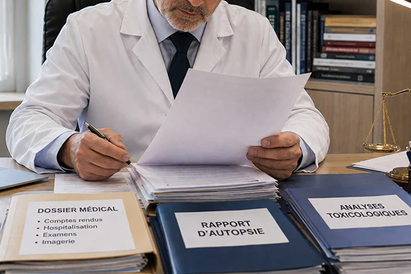 Médecin expert analysant un dossier d’expertise médicale